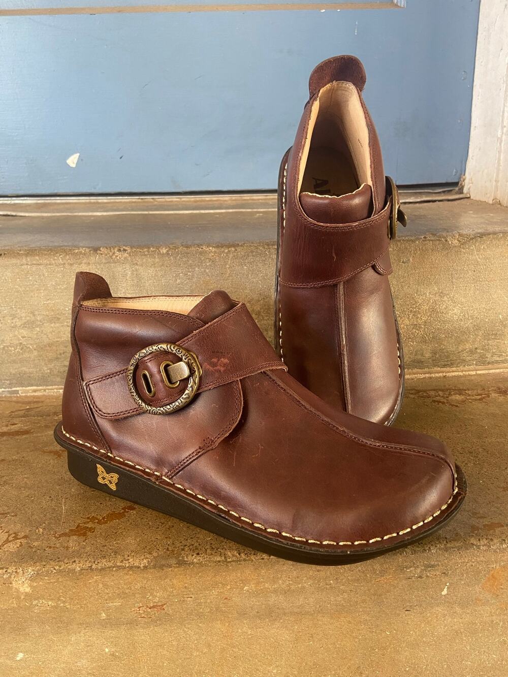Alegria Caiti brown leather ankle boots with monk strap detail